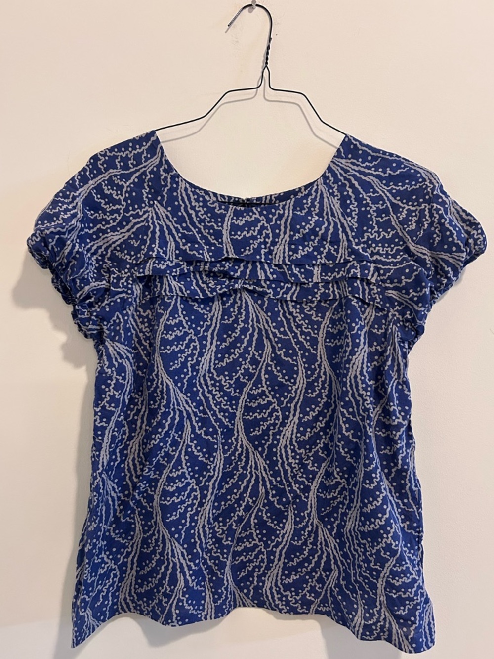 GAP Navy Blue Patterned Short-Sleeve Ruffle Yoke Top